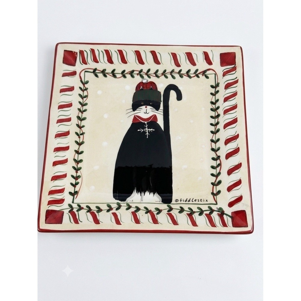 Sakura Candy Cane Cat 10" Square Dinner Plate Fiddlestix